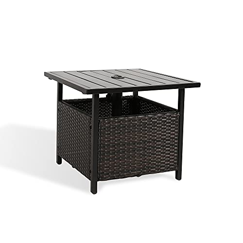 OUTASIGHT Patio PE Wicker Umbrella Side Table Stand, Outdoor Bistro Table with Umbrella Hole