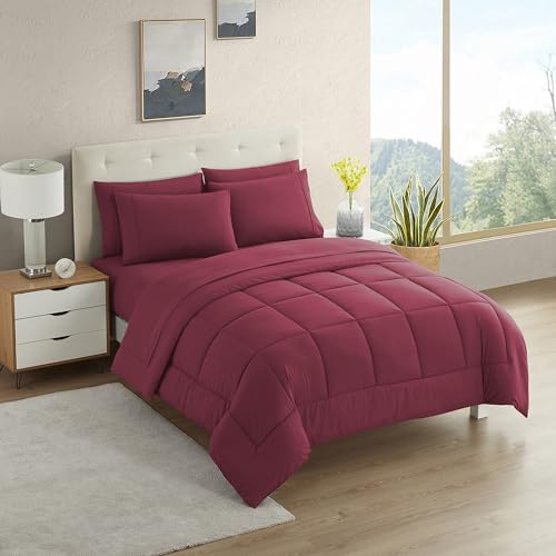 RV Short Queen Comforter Set for RV Camper - Comforter Set with Fitted & Flat Sheet, 4 Pillowcases - Tailored for RV Short Queen Beds - Cozy Essentials for Your RV Bedroom, Burgundy