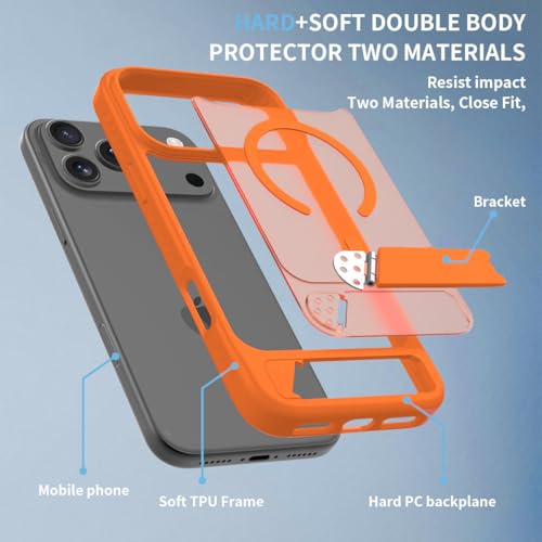 Image of Elzzi Translucent Matte Kickstand Case for iPhone 17 Pro, Built-in Adjustable Camera Stand, Magnetic MagSafe Shockproof Phone Cover (Cosmic Orange)