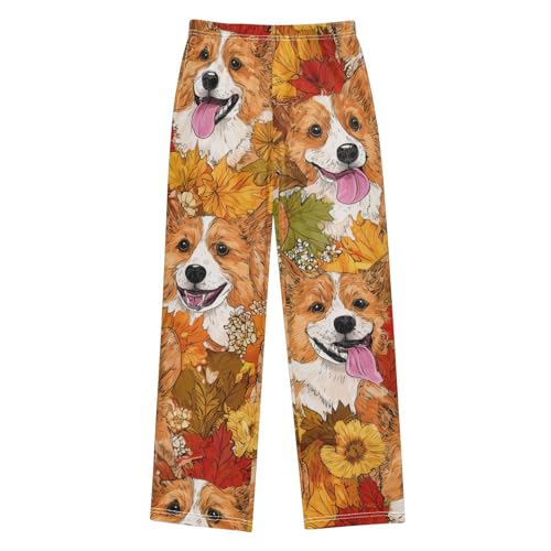 Corgi Dog Autumn Flowers Boys Long Pants Soft Trousers Elastic Waist Kids Lounge Bottoms with Pockets S-XL