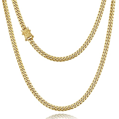 CG&KYGG 3mm 6mm Miami Cuban Link Chain 14K Real Gold Plated 316L Stainless Steel Solid Necklace for Mens Womens(Double Safety Clasp, Christmas or Birthday Gift)