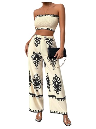 WDIRARA Women's 2 Piece Outfits Sleeveless Strapless Smocked Crop Tube Top and Graphic Wide Leg Pants Set