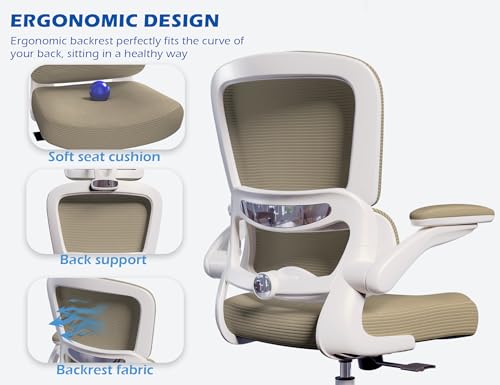 Image of TRALT Ergonomic Office Chair - Desk Chair with Adjustable Lumbar Support Computer Chair - Mesh Comfy Chair with Flip-up Armrests - Gaming Chairs for Adults Home Office (PU Leather, Khaki)