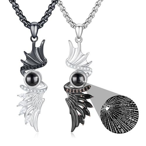 Matching Necklace for Couples 925 Sterling Silver I Love You Projection Necklace 100 Languages Angel Wings Pendant for Couples Anniversary Birthday Jewelry Gifts for Him Her