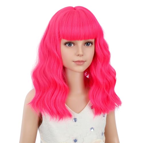Image of PATTNIUM Light Hot Pink Wig for Kids Girls Short Curly Wavy Wigs with Bangs Neon Pink Shoulder Length Wavy Synthetic Wig Halloween Cosplay Costume Party Wig