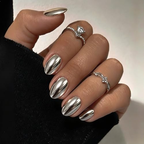 SXVME Chrome Press on Nails Short Oval, Metallic Silver Fake Nail...