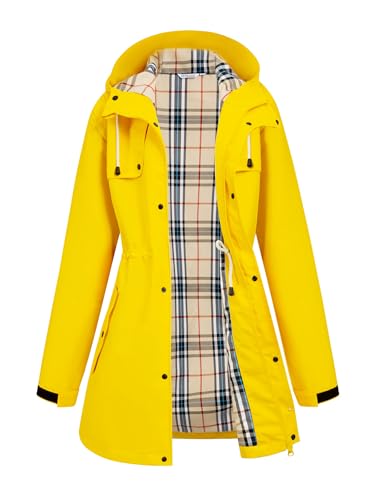 PITINAN Womens Yellow Raincoat Hooded Spring Fall Winter Jackets For Women Waterproof Rain Jacket Lined Long Raincoat Travel Jackets Alaska Cruise Outfits For Women Yellow L