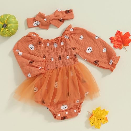 Baby Girl Halloween Outfit Newborn Pumpkin Romper Dress Puff Sleeve Ruffle Bodysuit Jumpsuit Fall Clothes3