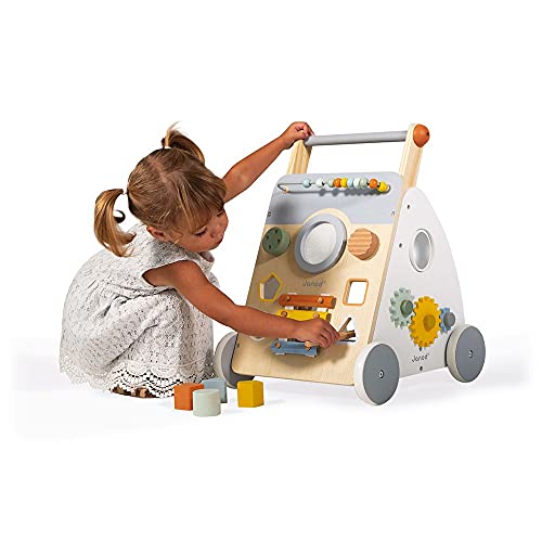 Janod - Sweet Cocoon Multi-Activity Laufwagen - Lauflernwagen aus Holz - 9 Aktivitäten - Leise Räder, Wasserbasierte Farben - Kinderspielzeug ab 1 Jahr, J04410