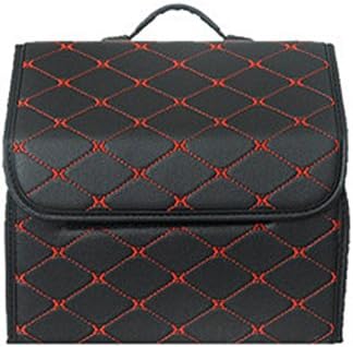 Car Trunk Organizer Foldable Storage Organizer PU Leather Diamond Cargo Storage Containers Compatible with car, Truck, SUV, Vans (11.8 * 11.8 * 12.6 INCH, Black with red Stitching)