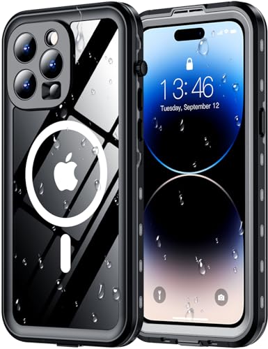 Red2Fire for iPhone 14 Pro Max Case Waterproof [Built-in Screen Protector & Camera Protector][Compatible with MagSafe][Full Body Shockproof][IP68 Waterproof][Dustproof] Phone Case 6.7 Black/Clear