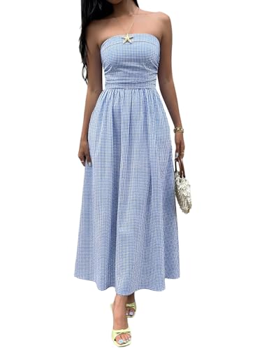 Image of Milumia Women's Striped Strapless Maxi Dress Summer Casual Tube Top Long Dresses with Pocket