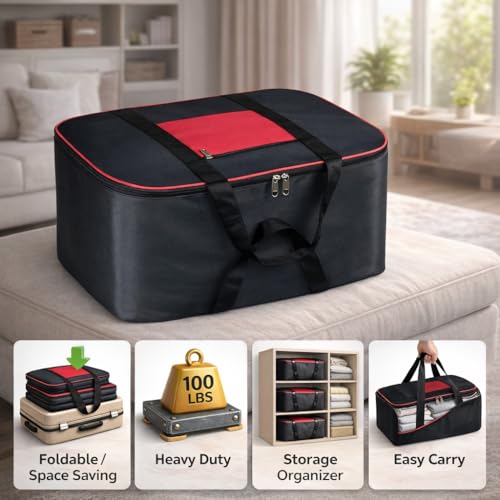Image of RADIANT Nylon Big Underbed Storage Bag Moisture Proof Cloth Organiser with Zippered Closure and Handle(BlackRed, 54x46x28cm) (Rectangular) (Pack of 2)