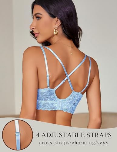 Image of Avidlove Bras for Women Floral Lace Bralettes Deep V Sexy Bras Cross Back Longline Bralette No Padded