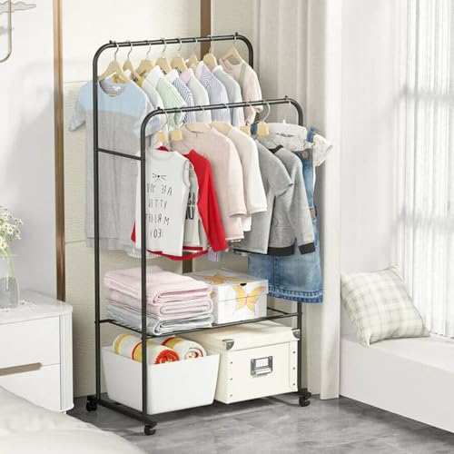 Image of LEOPAX Premium Double Pole Clothes Rail for Hanging Clothes, Heavy Duty Garment Rack with Bottom Shelves, Clothes Rack with Wheels for Dresses, Coats, Shirts - Black - 84 x 30 x 151cm