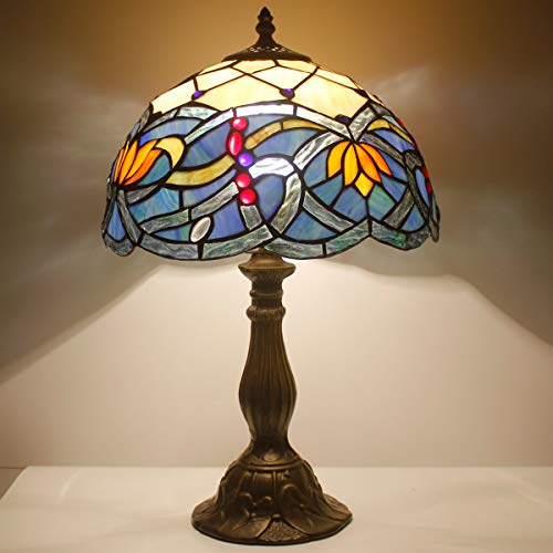 Tiffany Table Lamp Stained Glass Bedside Lamp Blue Lotus Desk Reading Light 12X12X18 Inches Decor Bedroom Living Room Home Office S220 Series