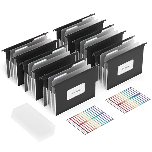 ThinkTex 6er Pack Hängemappen A4 Stabil, 12cm Breit Erweiterbare Hängeregister mit Versenkbaren Haken, Große Kapazität Hängeordner (Schwarz)
