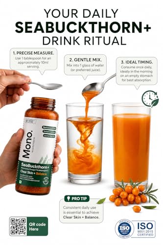 Image of Mono Sea Buckthorn Juice | India's 1st for Acne Clear Skin & Glow | 3rd Party Lab Tested | Helps Immunity & Gut Health | Omega-3 6 7 9, Niacinamide( Vit B3) , Zinc & Curcumin 95% | 300ml | No Added Sugar