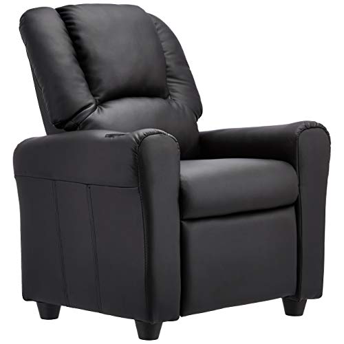 JC Home Contemporary Black Leather Kids Recliner with Cup Holder and Headrest
