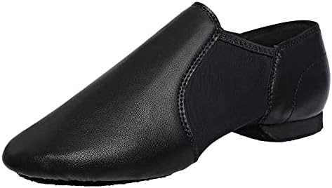 Black Slip-on Jazz Shoes Elastic Leather Sole Dance for Men Womens (8W / 7M)