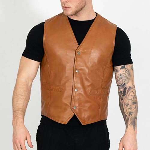 Image of BRICK LANE Men's Leather Vest | V-Neck Western Design Waistcoat with 4 Pockets - Lamb Nappa Leather Lightweight Jacket