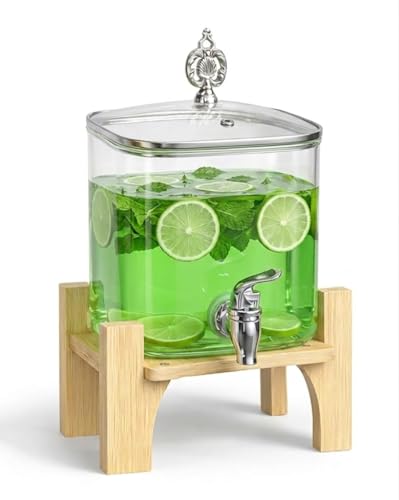 Image of 3.6 LTR Glass Beverage Dispenser with Bamboo Stand, Large Drink Container with Spigot,Detox Water - Mason Jar - Counter Table Top Juice Beer Dispenser for Home Restaurant Party (DK - 68)