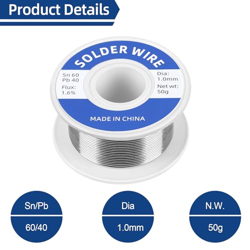Image of 60-40 Tin Lead Rosin Core Solder Wire for Electrical Soldering, Electronics Repair, DIY Projects, With Soldering Tip Cleaner (1.0mm-50g)
