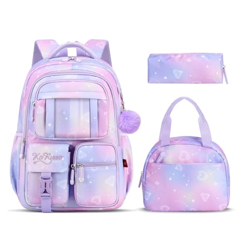 Tanou Set di Zaino Scuola Elementare Bambina, 3 Pezzi Traspirante Zaini per Bambini con Borsa Termica e Astuccio, Kawaii Zaino Ragazza in Nylon alla Moda con Ciondolo, Viola