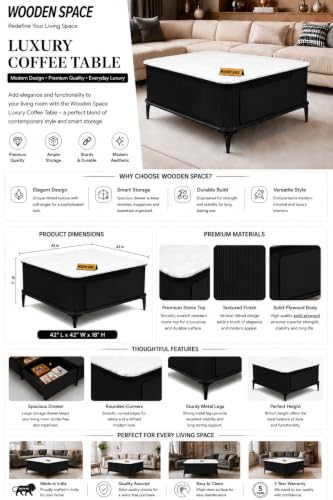 Image of WOODEN SPACE Premium Solo Marble-Top Wooden Center Table for Living Room | Iron Legs | PVD Coating | Modern Entryway Furniture | Coffee Table (Black, 42x42x18 Inch)