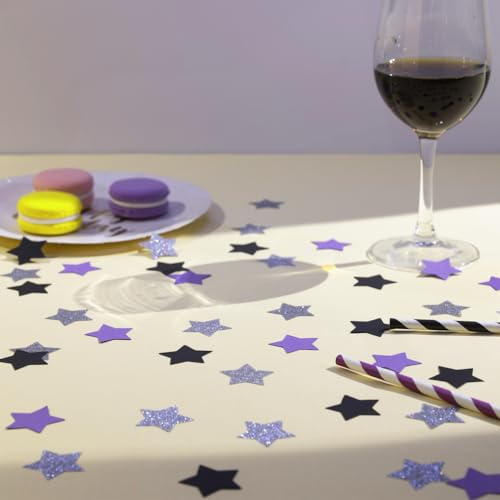 Image of MOWO Purple Black and Silver Star Confetti Table Decoration, 1.2'', 200pc | Birthday Retirement Graduation Bachelor Party, 1.2 inch in Diameter, 200 Counts