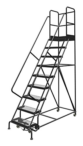 Image of Tri-Arc KDSR109242-D3 9-Step 30 inch Deep Top Steel Rolling Industrial & Warehouse Ladder with Handrails, 24 inch Wide Grip Strut Tread