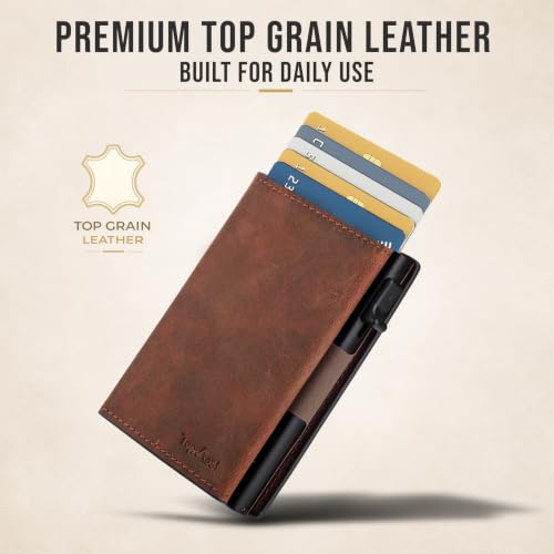 Image of TopMost Genuine Leather Pop Up Wallet for Men, Credit Card Holder, RFID Blocking Ridge Wallets for Men with ID Window, Slim, Minimalist, 5-9 Card Capacity & Cash Slot