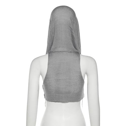 Image of Women Knitted Hoodie Sweater Vest Sexy Sleeveless Hollow Out Hooded Crop Top Streetwear Rave Oufit