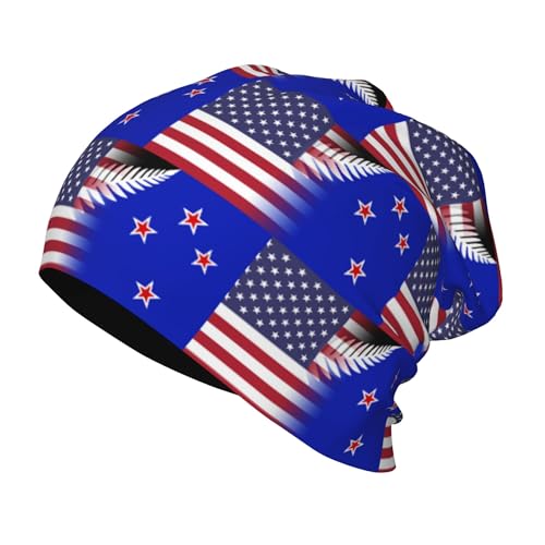 American Flag and Flag of New Zealand Kids Leisure Elastic Knitted Hat Junior Large Size Knit Cap Child Beanie Black