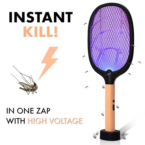 WEIRD WOLF 2 in 1 UV Light Mosquito Bat Racket Electric Fly Swatter with Base Stand, Lithium Battery, USB Type-C Charging, Warranty, Peach/Black (Image - 6)