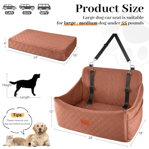Wooaidagg Dog Car Seat for Large Size Dog Up to 55lbs,Easy to Install Car Dog Bed with Super Soft Fabic and Filling in Memory Foam,Fully Detachable and Washable Pet Car Seat(Brown,Large)