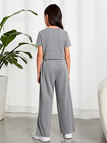 Image of OYOANGLE Girl's 2 Piece Outfits Button Front Short Sleeve Tee Shirt and Tie Front Pants Set