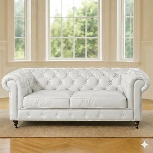 Image of Modern Classic Design Leatherette Luxury Chester Sofa Set with Button Tufted,3+2+1=6 Seater Sofa for Living Room Home, Office and Lobby (White, 3+2+1=6 Seater Sofa)