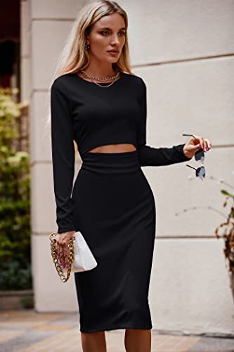 PRETTYGARDEN Women's Long Sleeve Midi Bodycon Dresses Casual Crewneck Cut Out Ribbed Knit Fitted Pencil Dress2