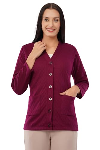 Image of Women Woolen Full Sleeve self Knit v-Neck Sweater Cardigan for Winter wear with Front Pockets Plus