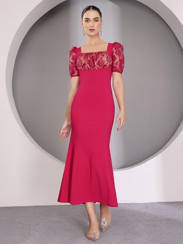 Image of Miss Chase Womens Bodycon Square Puff Sleeve Solid Lace Overlaid Ankle Length Dress