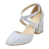 brautschuhe glitzer strass high heels pumps blockabsatz MISSUIT Damen Cross Straps High Heels Pumps Knöchelriemchen Blockabsatz Glitzer Brautschuhe Hochzeit(Silber,41)