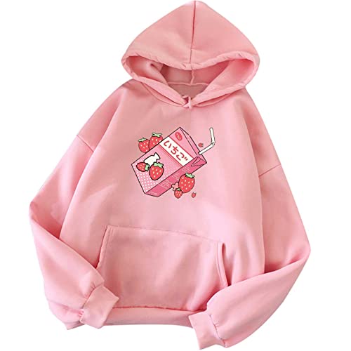tuduoms Pullover Sweatshirts for Women Cute Strawberry Milk Print Aesthetic Hoodie Casual Shirt Top Teen Girls Kawaii Clothes