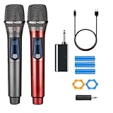 HUACAM Wireless Microphones, Dual Handheld Dynamic Wireless Mic for Karaoke, Wedding, DJ, Party, Speech, Church, Class, PA System, 200ft, Gray & Red