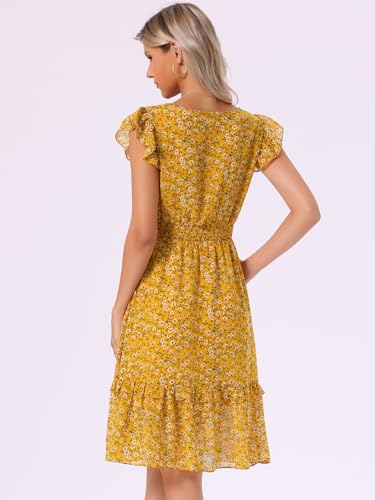 Image of Allegra K Women's Floral Dress Spring Summer V Neck Flutter Sleeve Ruffle Casual Smocked Knee Length Dresses