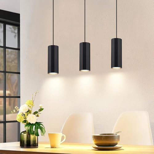 Glitzerlife Lampada a sospensione GU10 Nero - Lampadario a Soffitto 3 Luci Con Cavo Regolabile per Bar Ristorante Sala da Pranzo Isola Industriale in Metallo per Cucina Bar (Senza lampadina)