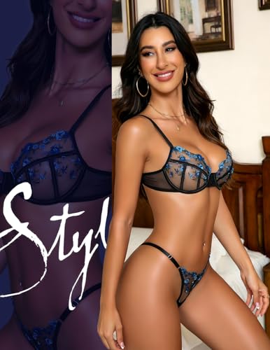Image of Lingerie Sexy Bra and Panty Set for Women See Through Sheer Underwear Cute Exotic Floral Embroidery Babydoll Set