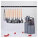19-Piece Kitchen Utensil Set with Holder Silicone Cooking Tools with Wooden Handles, Knife Set, Spoon, Whisk, Tongs, Pasta server, Soup ladle, Scissors, Peeler & other Utensil Organizer (Gray)