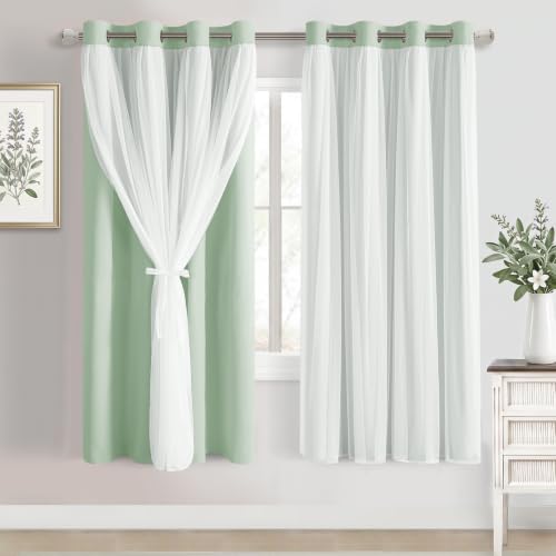 Image of DWCN Sage Green Blackout Curtains with Sheer Overlay 63 Inch Long