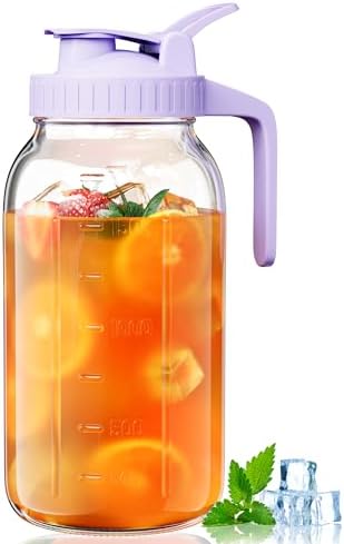64oz Glass Mason Jar Pitcher with Lid Wide Mouth, 2 Quart Leakproof Glass Water Jug for Juice, Sun Iced Tea, Cold Brew Coffee, Milk Storage, Purple